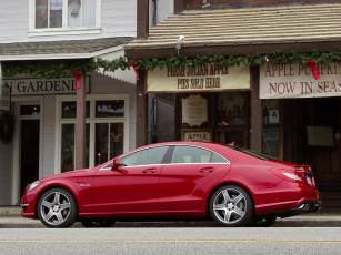 Картинка автомобили mercedes-benz магазины здание красный cls63 мерседес