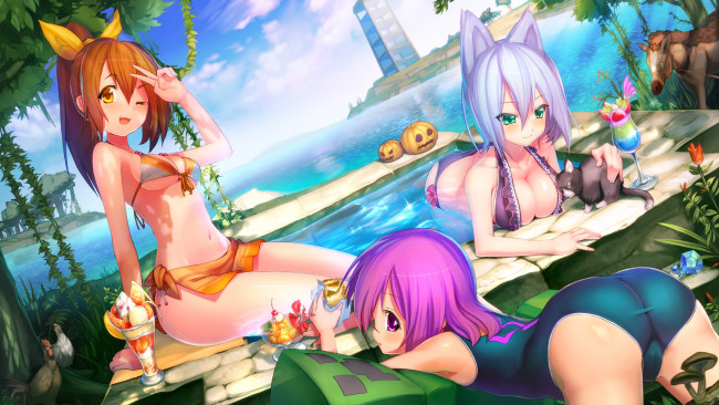 Обои картинки фото аниме, животные,  существа, фон, взгляд, девушки