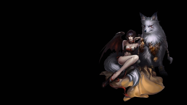 Обои картинки фото фэнтези, демоны, волк, фон, взгляд, девушка