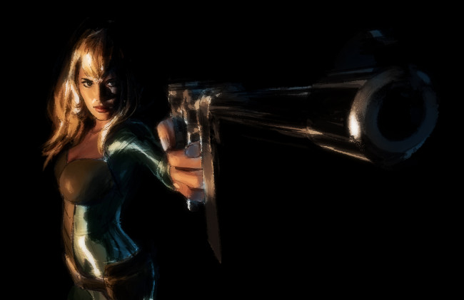 Обои картинки фото рисованное, комиксы, девушка, фон, револьвер