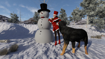 Картинка 3д+графика праздники+ holidays снеговик собака фон взгляд девушка