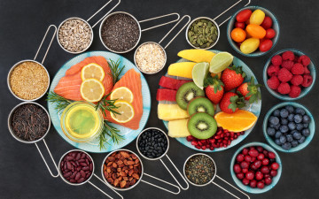 Картинка еда фрукты +ягоды малина помидоры рыба лимон ягоды