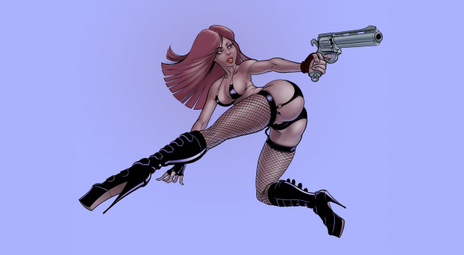 Обои картинки фото рисованное, комиксы, револьвер, чулки, фон, девушка
