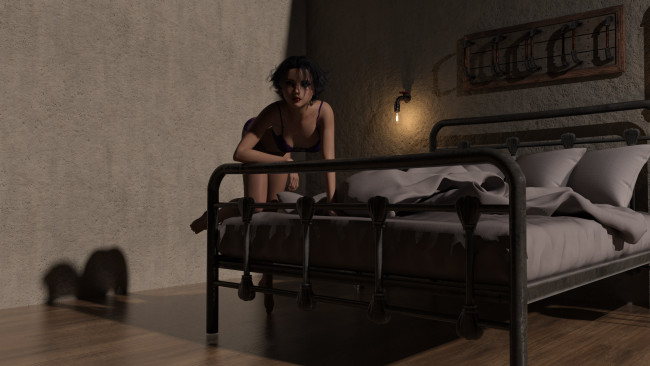Обои картинки фото 3д графика, люди , people, кровать, фон, взгляд, девушка