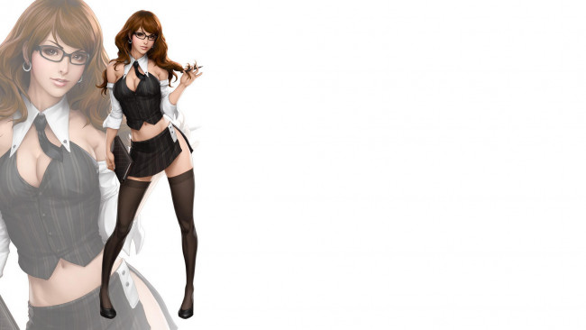 Обои картинки фото рисованное, люди, чулки, девушка, юбка, очки, взгляд, фон