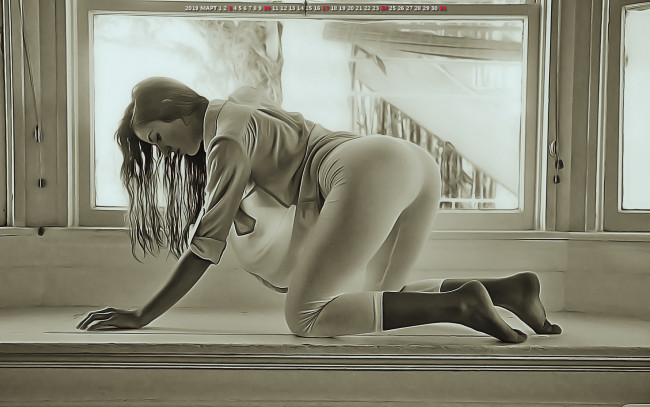 Обои картинки фото календари, компьютерный дизайн, окно, девушка, поза