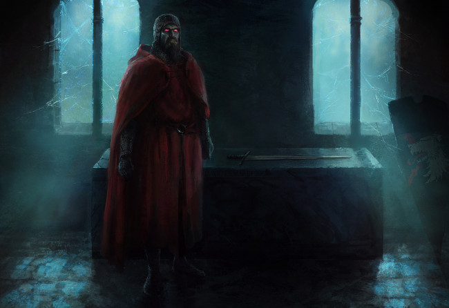 Обои картинки фото видео игры, vampire,  the dark ages, меч, взгляд, фон, рыцарь, мужчина