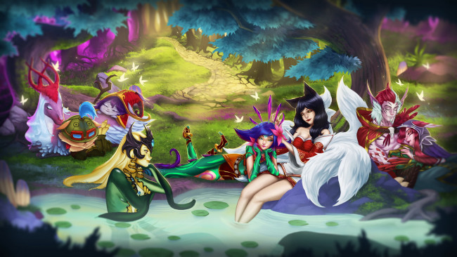 Обои картинки фото видео игры, league of legends, rakan, xayah, девушки, существа, ручей