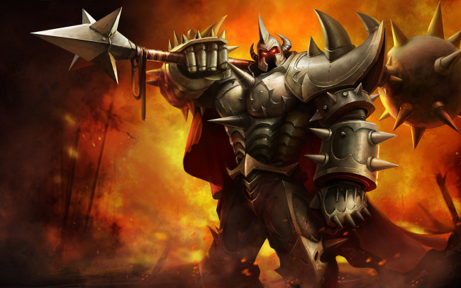 Обои картинки фото видео игры, league of legends, рыцарь, доспехи, булава, шипы, огонь