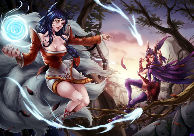 Обои картинки фото видео игры, league of legends, ahri, xayah, девушки, бой, ветки