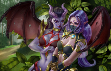 обоя dota 2, видео игры, dota , defense of the ancients, девушуки, фон, униформа, рога, ушки, крылья, вуаль