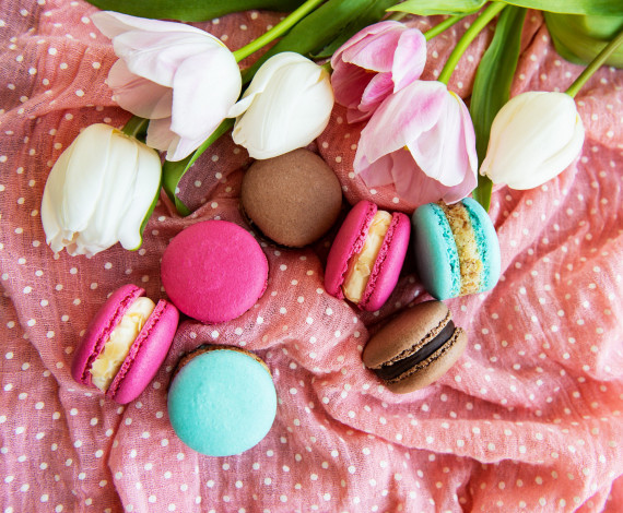Обои картинки фото еда, макаруны, лакомство, печенье, ассорти, цветы, тюльпаны