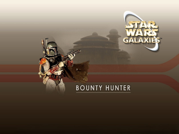 Обои картинки фото видео игры, star wars galaxies - trading card game,  squadrons over corellia, воин, шлем, плащ, оружие, башня