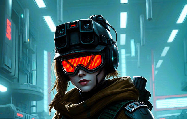 Обои картинки фото фэнтези, роботы,  киборги,  механизмы, девушка, лицо, очки, техника, киберпанк