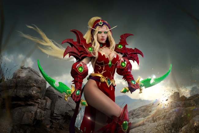 Обои картинки фото ира сокол, девушки, - креатив,  косплей, косплей, образ, наряд, костюм, оружие, скалы