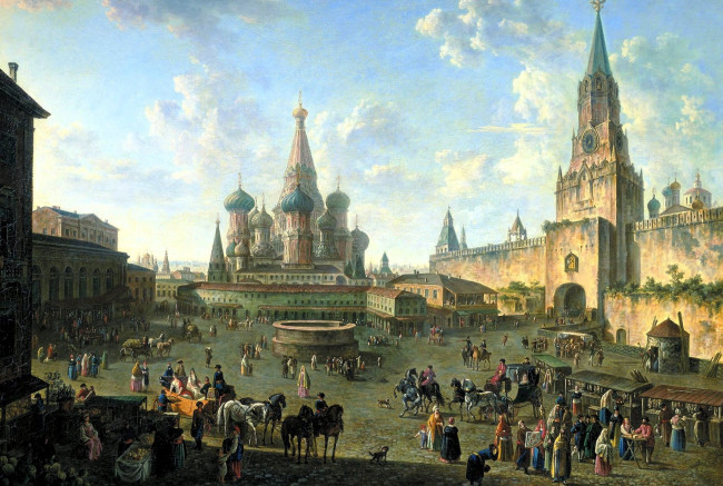 Обои картинки фото фёдор алексеев, рисованное, город, москва, площадь, люди, храм