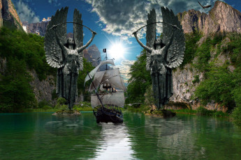 Картинка фэнтези пейзажи чайки шхуна природа пираты