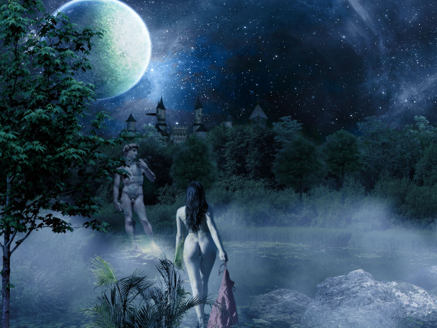 Обои картинки фото фэнтези, девушки, статуя, ночь, озеро, девушка