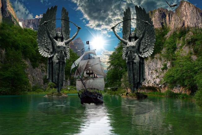 Обои картинки фото фэнтези, пейзажи, чайки, шхуна, природа, пираты
