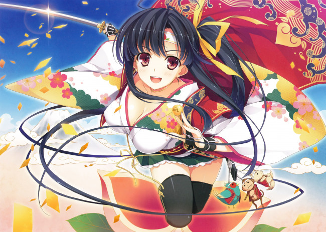 Обои картинки фото аниме, weapon, blood, technology, брелок, катана, девушка