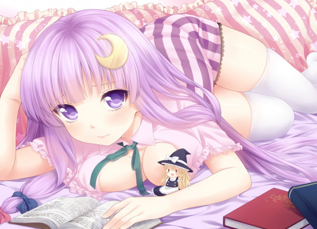 Обои картинки фото аниме, touhou, постель, книги, девушка, patchouli, knowledge, kirisame, marisa