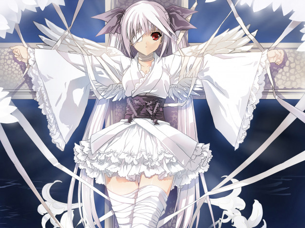 Обои картинки фото by, el, zheng, аниме, suzuhira, hiro, artbook, бинты, вода, слеза, цветы, платье, банты, девушка, крылья, свечи