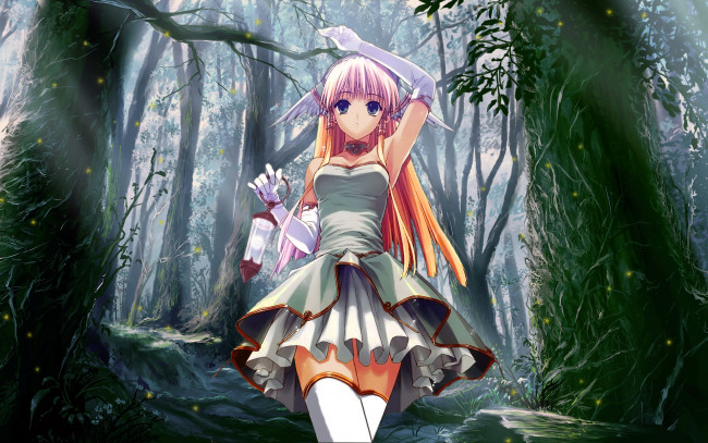 Обои картинки фото аниме, suzuhira, hiro, artbook, фонарь, крылья, платье, лес, девушка