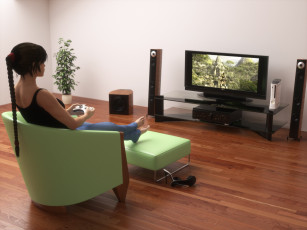 Картинка 3д+графика люди+ people взгляд девушка телевизор кресло комната фон