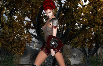 Картинка 3д+графика люди+ people девушка взгляд фон рыжая оружие