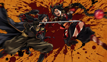Картинка аниме kajiri+kamui+kagura kujou shiori битва мужчина девушка g yuusuk движение коса перчатки ленты шнурок кимоно плащ mibu soujirou доспехи оружие катана кровь