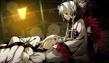 Картинка аниме kajiri+kamui+kagura лампа фонарь заколка g yuusuke девушка мужчина kyougetsu keishirou кимоно перья sakuya комната