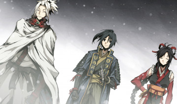 Картинка аниме kajiri+kamui+kagura мужчина снег шнурок плащ девушка воин доспехи накидка кимоно g yuusuke kyougetsu keishirou mibu soujirou ленты перчатки коса пояс kujou shiori стойка