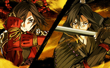 Картинка аниме kajiri+kamui+kagura воин девушка шнурок мужчина стойка kujou shiori ленты перчатки коса mibu soujirou плащ кимоно оружие доспехи g yuusuke катана