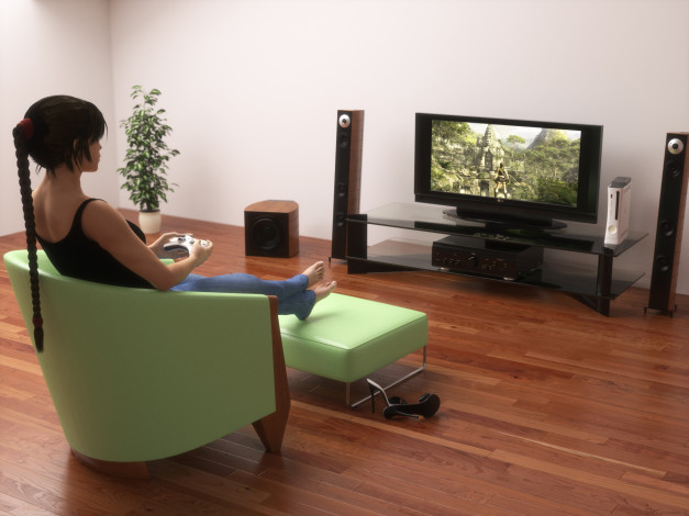 Обои картинки фото 3д графика, люди , people, взгляд, девушка, телевизор, кресло, комната, фон