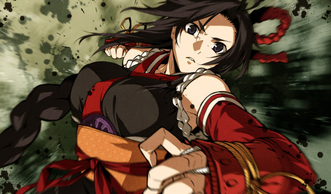 Обои картинки фото аниме, kajiri kamui kagura, движение, удар, кимоно, доспехи, ленты, kujou, shiori, девушка, коса, шнурок, g, yuusuke, перчатки