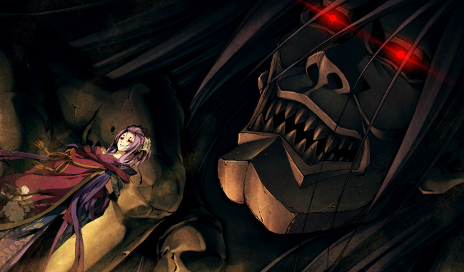 Обои картинки фото аниме, kajiri kamui kagura, гигант, лицо, шарф, цветок, демон, девушка, кимоно, заколка, украшение, tenma, momiji, g, yuusuke