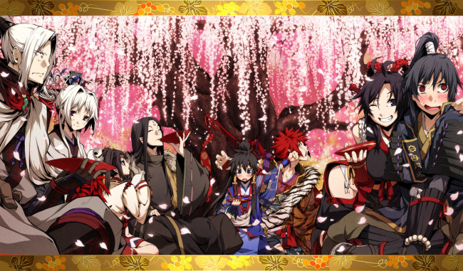 Обои картинки фото аниме, kajiri kamui kagura, koga, rindou, g, yuusuke, kujou, shiori, kyougetsu, keishirou, sakuya, madara, yakou, украшения, доспехи, кимоно, мужчины, девушки, sakagami, habaki, цветение, сакура, дерево, праздник, алкоголь, чаши, mikado, ryuusui, mibu, soujirou