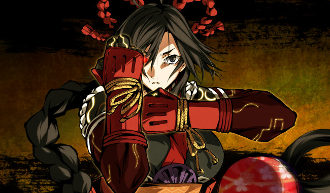 Обои картинки фото аниме, kajiri kamui kagura, kujou, shiori, кимоно, движение, перчатки, ленты, g, yuusuke, стойка, доспехи, коса, девушка, шнурок