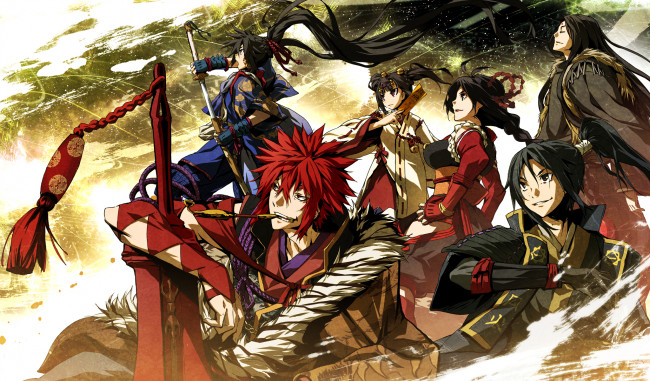 Обои картинки фото аниме, kajiri kamui kagura, оружие, sakagami, habaki, mikado, ryuusui, mibu, soujirou, kujou, shiori, g, yuusuke, девушки, мужчины, кимоно, madara, yakou, украшения, доспехи, шнукор, колокольчик, чубук, трубка, koga, rindou