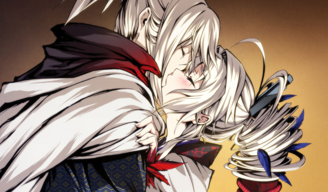 Обои картинки фото аниме, kajiri kamui kagura, заколка, kyougetsu, sakuya, keishirou, g, yuusuke, шарф, кимоно, перья, поцелуй, мужчина, девушка