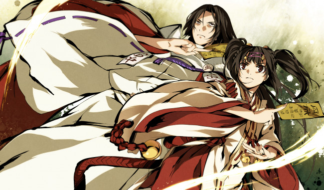 Обои картинки фото аниме, kajiri kamui kagura, заколка, мужчина, mikado, ryuusui, свет, заклинание, кимоно, движение, девушка, g, yuusuke, колокольчик, стойка, шнурок