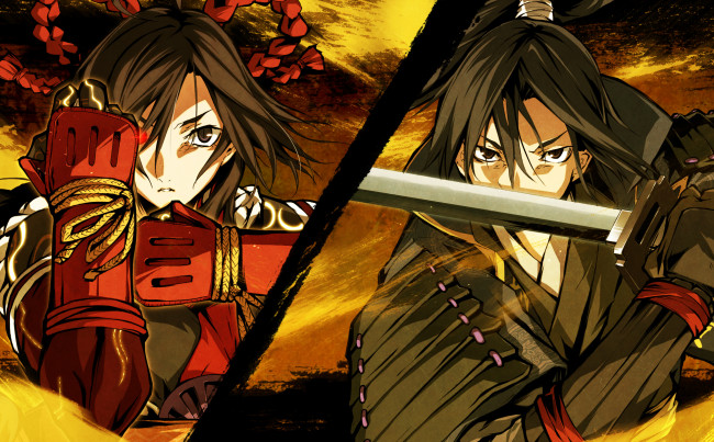 Обои картинки фото аниме, kajiri kamui kagura, воин, девушка, шнурок, мужчина, стойка, kujou, shiori, ленты, перчатки, коса, mibu, soujirou, плащ, кимоно, оружие, доспехи, g, yuusuke, катана