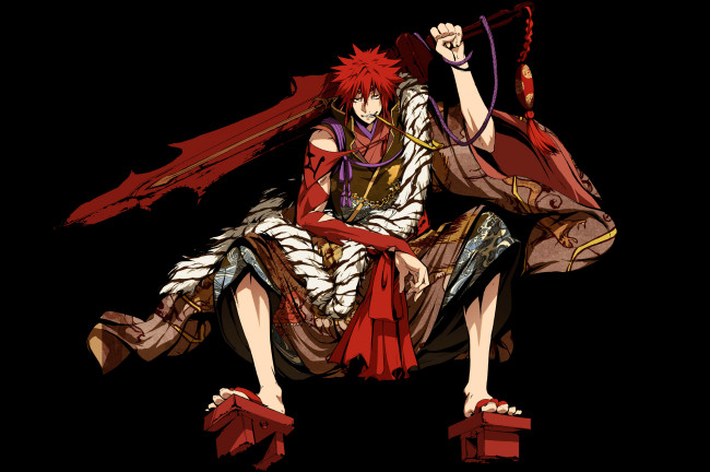 Обои картинки фото аниме, kajiri kamui kagura, шарф, цепь, мех, шнурок, украшения, меч, оружие, g, yuusuke, мужчина, sakagami, habaki, трубка, чубук, кимоно