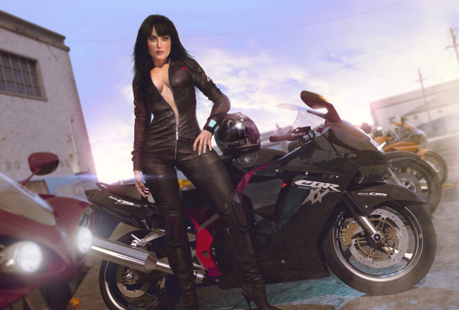 Обои картинки фото мотоциклы, 3d, девушка, взгляд, фон, мотоцикл