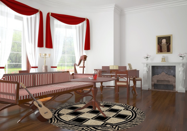 Обои картинки фото 3д графика, реализм , realism, окна, камин, картина, гитара, стол, диван, шторы, комната, интерьер