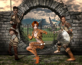 Картинка 3д+графика фантазия+ fantasy девушка парень оружие фон взгляд