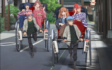 Картинка аниме город +улицы +здания рикши фон взгляд девушки