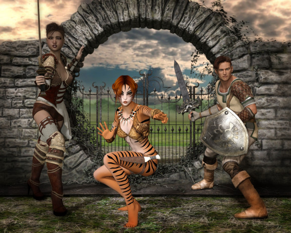 Обои картинки фото 3д графика, фантазия , fantasy, девушка, парень, оружие, фон, взгляд