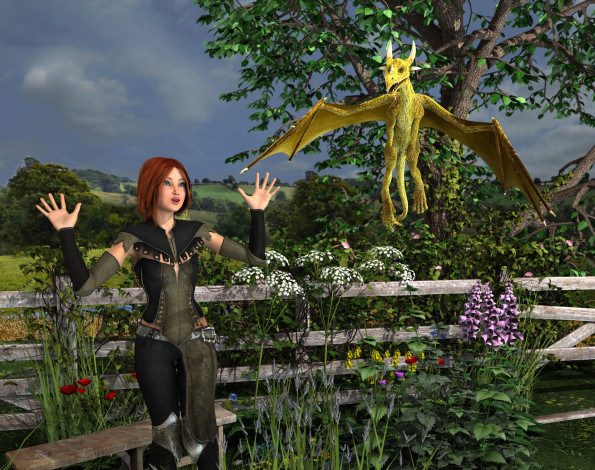 Обои картинки фото 3д графика, фантазия , fantasy, дракон, фон, взгляд, девушка