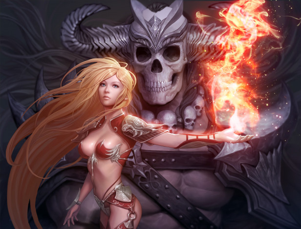 Обои картинки фото фэнтези, красавицы и чудовища, saringongja, монстр, девушка, огонь